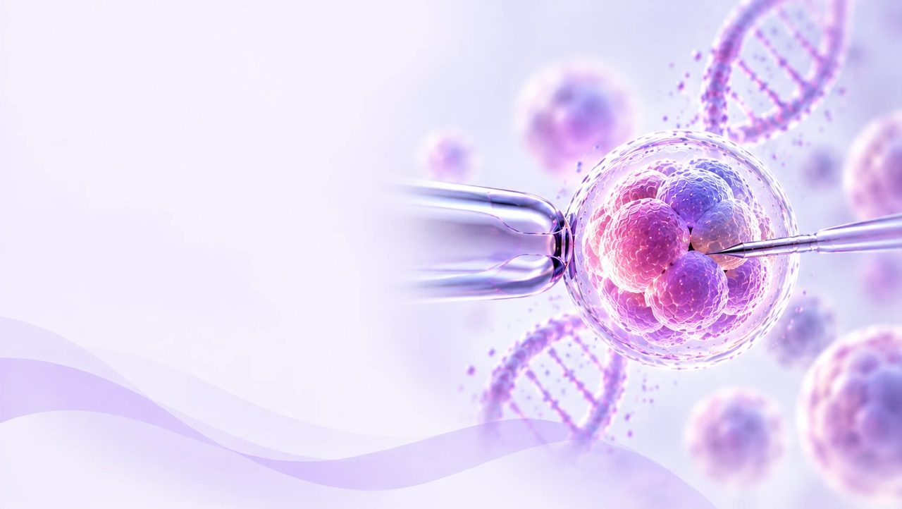 An embryo held by a micropipette during ICSI, with DNA helices