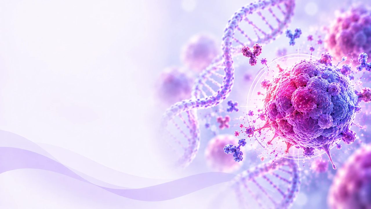 A cancer cell surrounded by antibodies and a DNA helix