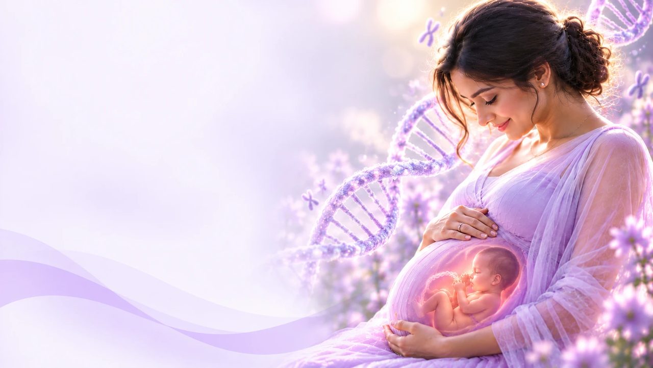An expectant mother cradling her belly, with a glowing view of the baby and a DNA helix among lavender flowers